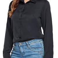 Sylanfia Women's Satin Silk Button Down Shirts V Neck Long Sleeve Leopard Blouses Tops Casual Work Office