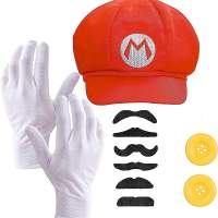 2 in 1 - Set Super Mario Kostüm mit Handschuhen, Schnurrbart, Mütze, Knöpfen als Kostüm für Fasching & Karneval