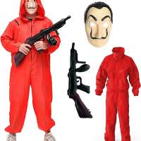Kostüm Set - Haus des Geldes für Erwachsene Unisex mit Dali Salvador Maske, aufblasbares Gewehr, roter Overallanzug